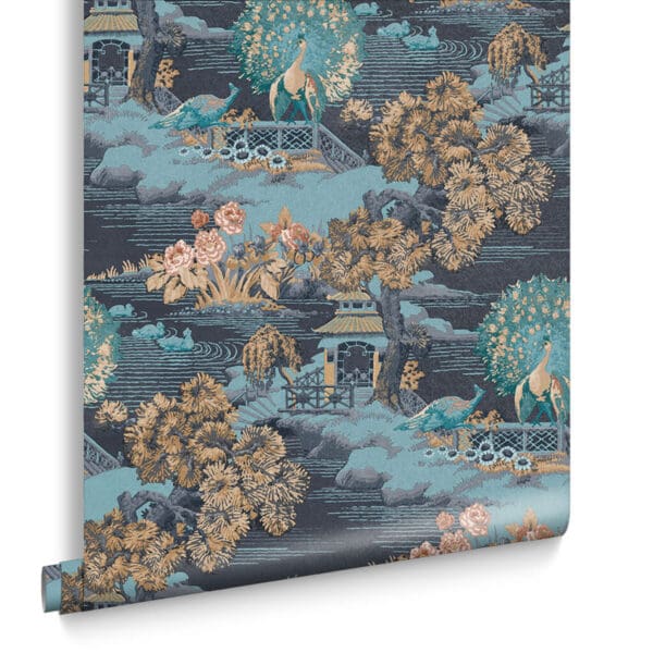 Edo, toile de jouy tapet i marineblått og oker - Bilde 3