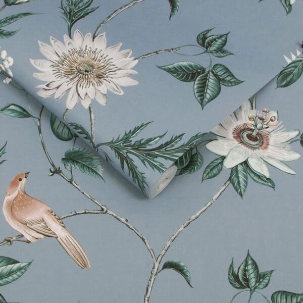 Nuit, tapet med blomster og fugler i himmelblå - Bilde 2
