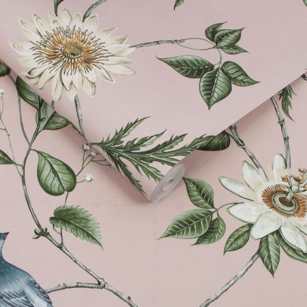 Nuit, tapet med blomster og fugler i lys rosa - Bilde 2
