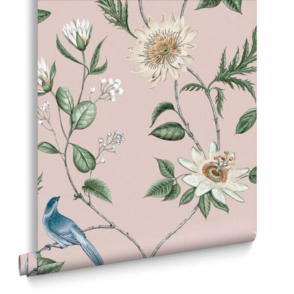 Nuit, tapet med blomster og fugler i lys rosa - Bilde 3