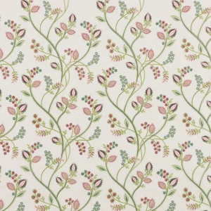 Samlesbury Chintz, Stilrent brodert gardinstoff i grønt/rosa