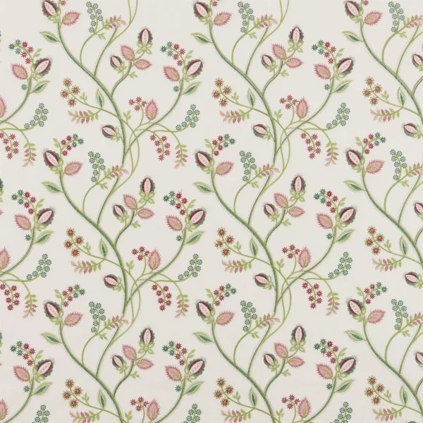 Samlesbury Chintz, Stilrent brodert gardinstoff i grønt/rosa
