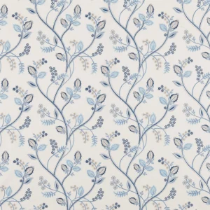 Samlesbury Cornflower, gardinstoff med broderier i blått