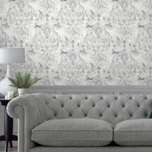Tregaron, tapet med traner i sølvgrått fra Laura Ashley