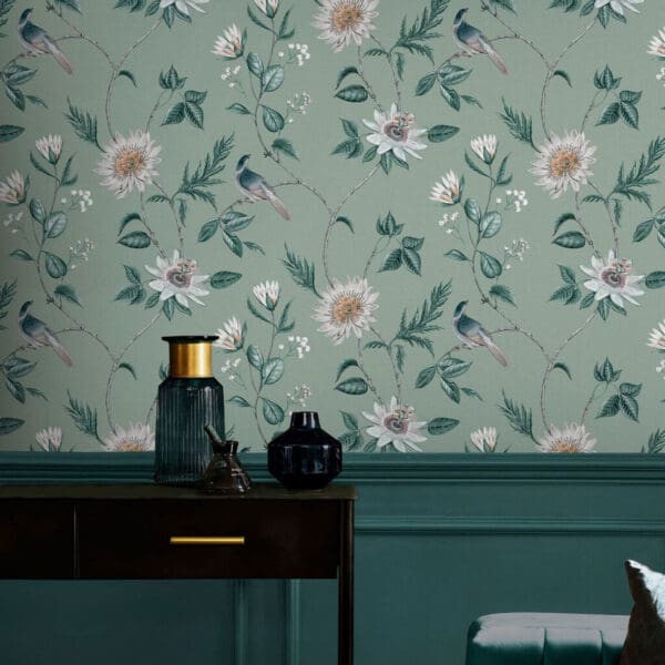 Nuit, tapet med blomster og fugler i salviegrønt