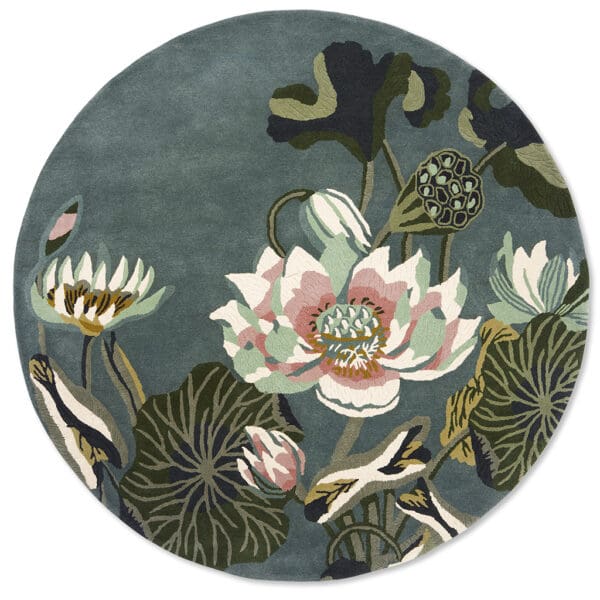 Wedgwood Waterlily, håndknyttet rundt gulvteppe i blågrønt - Bilde 2