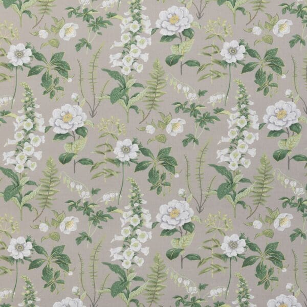 Floren, møbel/gardinstoff  med blomster i grå lin/bomull