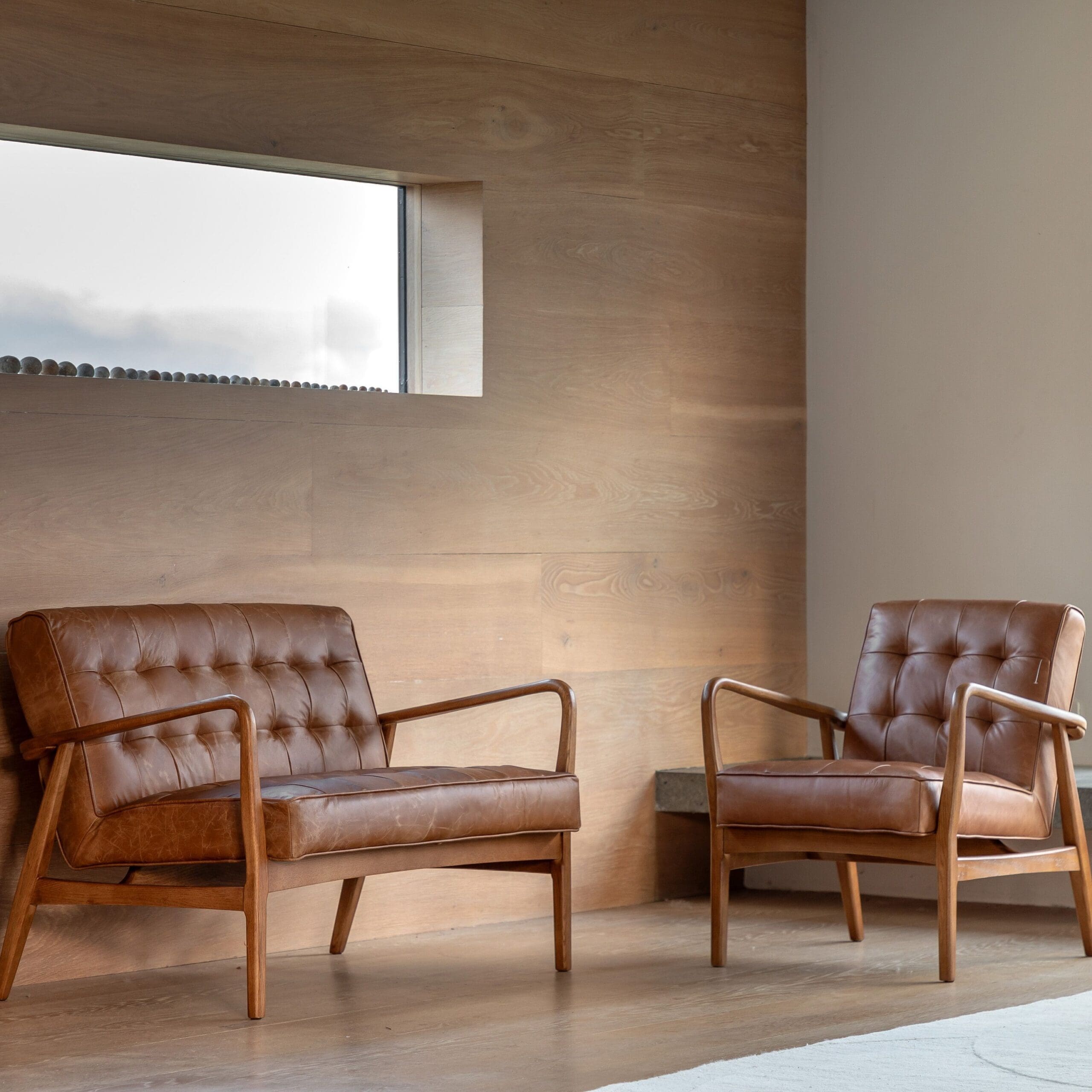 Humber, retro lenestol med knapper,i  brunt vintage skinn og eik - Bilde 2