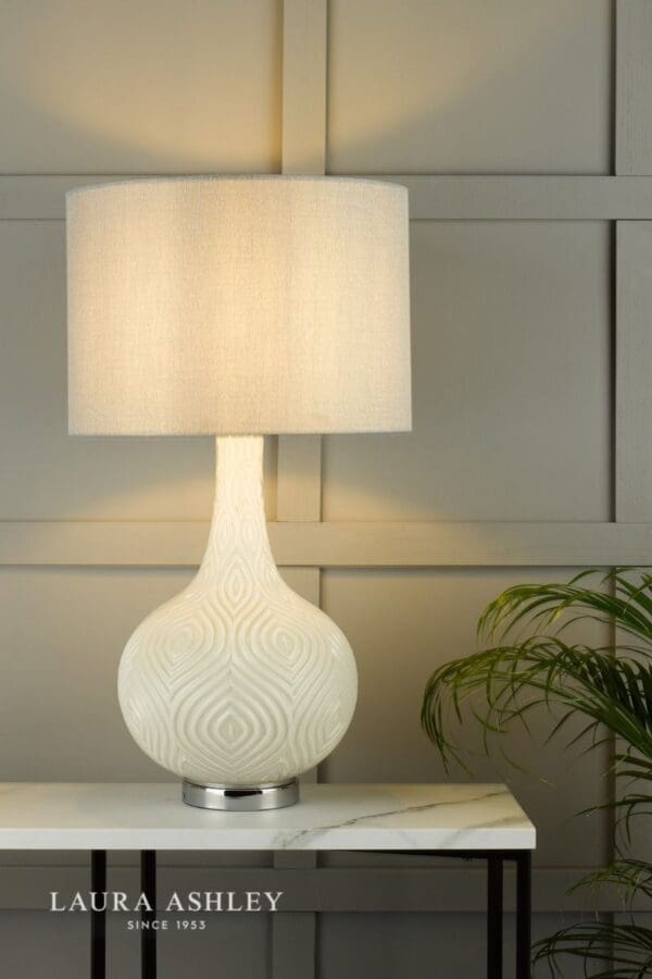 Grace, moderne bordlampe i hvitt glass med grå skjerm - Bilde 2