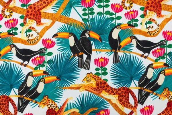 Toucans, stoff med tukaner og leoparder på hvit bunn - Bilde 2