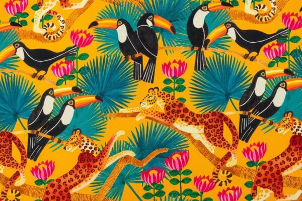 Toucans, stoff med tukaner og leoparder på gul bunn - Bilde 2