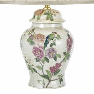 Peony, lampefot i keramikk med blomster og fuglemotiv