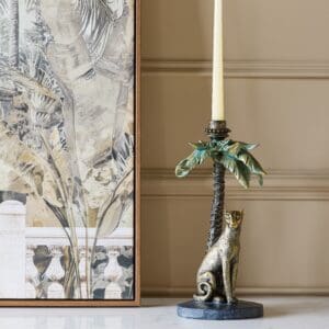 Palm, eksotisk lysestake med palmetre og leopard