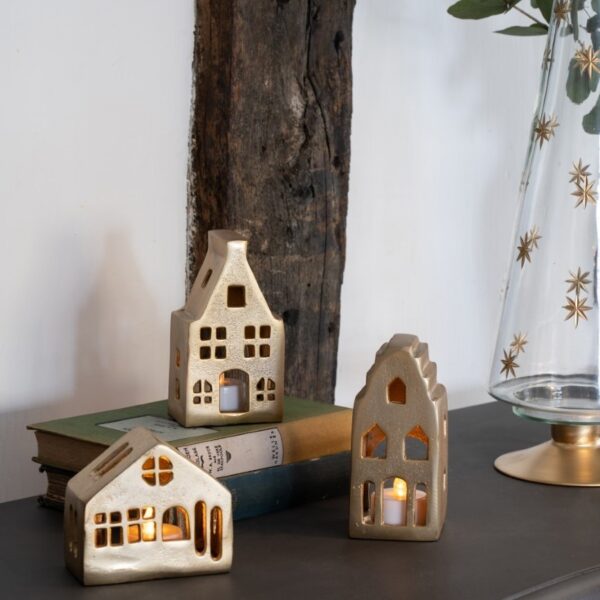 sett med 3 lyshus i gull fra Laura Ashley