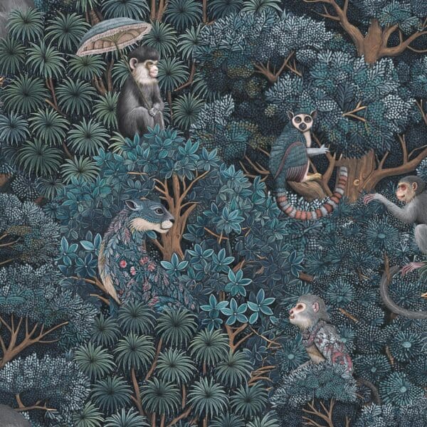 Treetop Troop, tapet med apekatter i marineblått & teal - Bilde 3