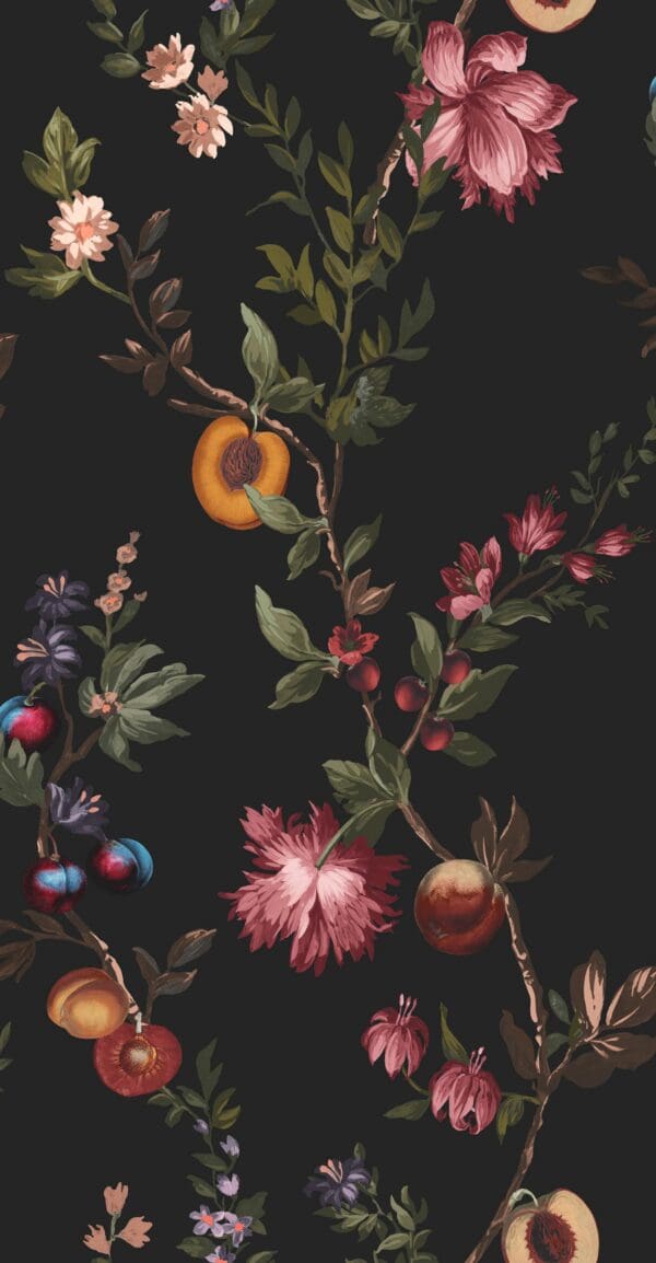 Allurium, dramatisk tapet med blomster og frukt på sort bakgrunn - Bilde 3