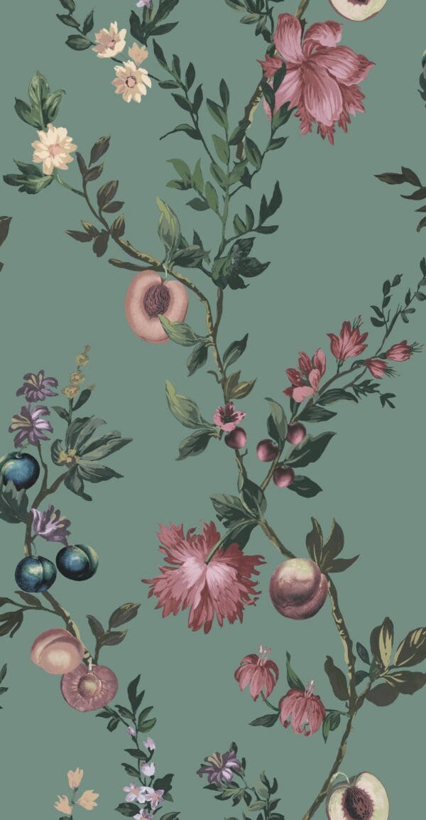 Allurium, romantisk grønn tapet med blomster og frukt - Bilde 3