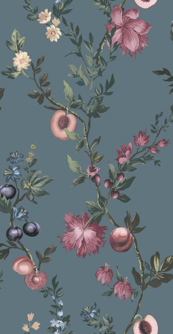 Allurium, jeansblå tapet med blomster og frukt - Bilde 3