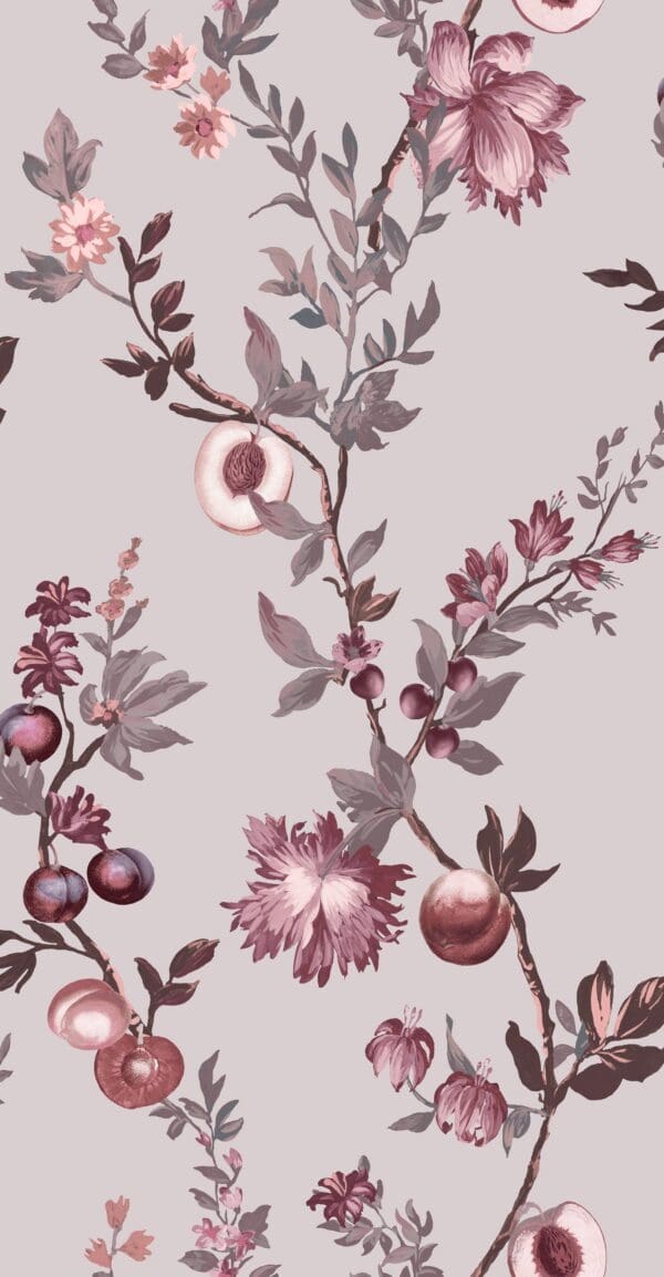Allurium, rosa tapet med blomster og frukt i støvet rosa - Bilde 3