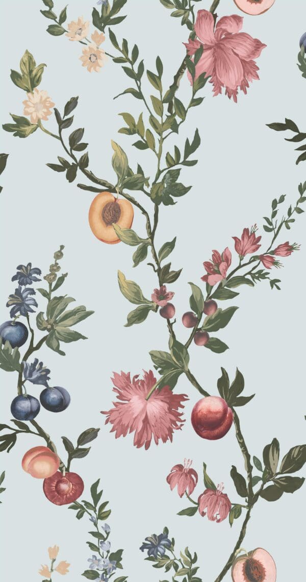 Allurium, lys blå tapet med blomster og frukt i pastell - Bilde 3