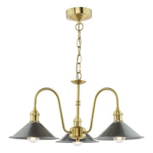 taklampe i messing med grå metallskjermer