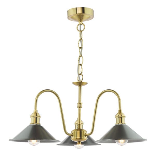 taklampe i messing med grå metallskjermer
