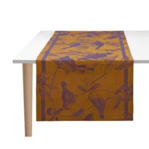 Voliere, løper med fugler i  orange 100%lin