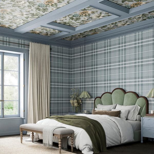 Eildon Weave, vinyltapet med tartanruter og ulltekstur i blågrå