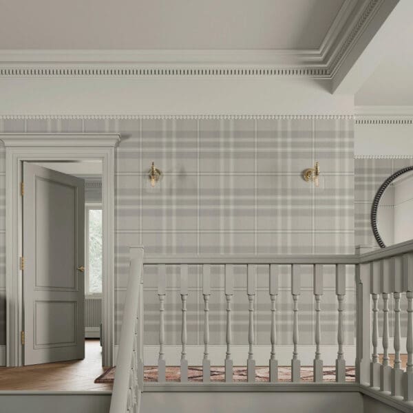 Eildon Weave, vinyltapet med tartanruter og ulltekstur i beige