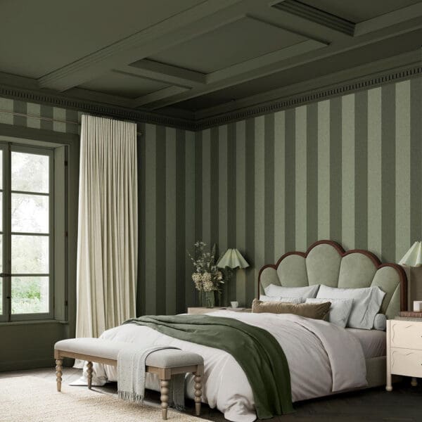 Regent Stripe, stripete vinyltapet med tekstur i grønt