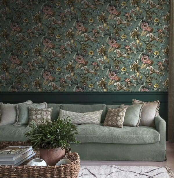 Lys Petrol, storblomstrete tapet med liljer i blågrønt