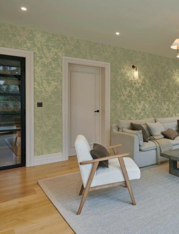 Mystic Willow, tapet med metallisk skog på lys grønn bunn