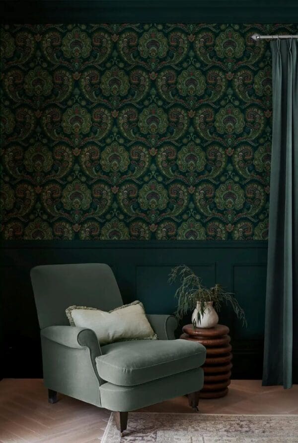 Paisley Petrol, tapet med paisleymønster på blågrønn bunn
