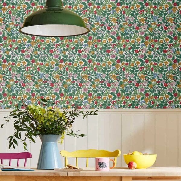 Arts and Crafts Floral Rainbow, blomstrete tapet i regnbuens farger