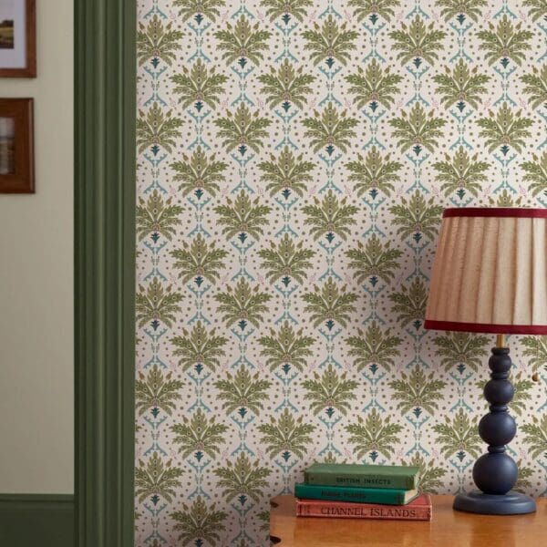 Palm Geo, maksimalistisk tapet med palmeblader i turkis og olivengrønt