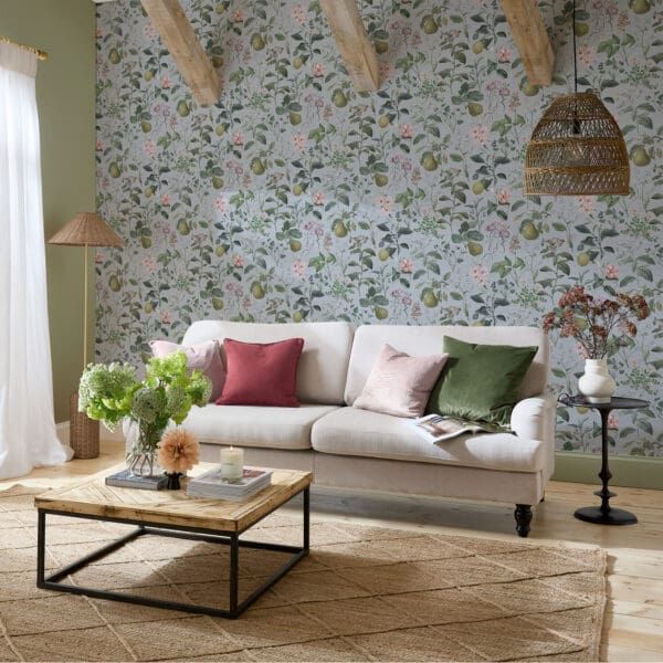 Ophelia, vinyltapet med blomster og frukt i duck egg