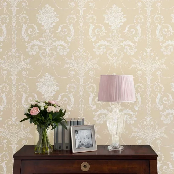 Josette, damaskmønstret tapet i beige/lin